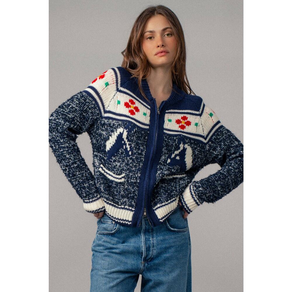 Urban Daizy Floral Yoke Zip-Up Knit Cardigan